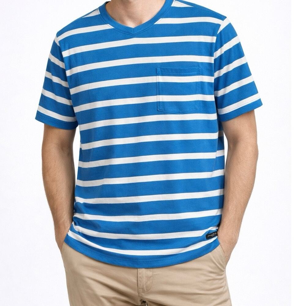 Good Man Brand Striped Cotton Pocket Tee Blue White Short Sleeve L casual